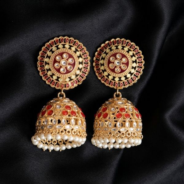 Traditional Gold-Plated Red and White Stone Jhumka