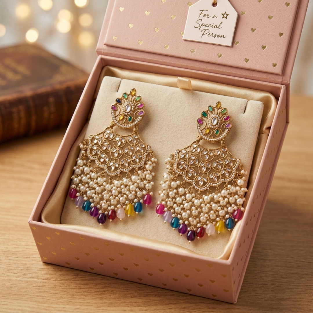 Multicolor Stone Chandbali Earrings with Pearl Droplets