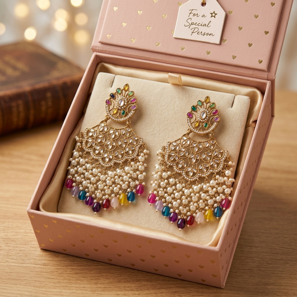 Multicolor Stone Chandbali Earrings with Pearl Droplets