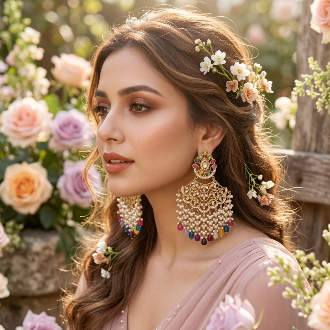 Multicolor Stone Chandbali Earrings with Pearl Droplets