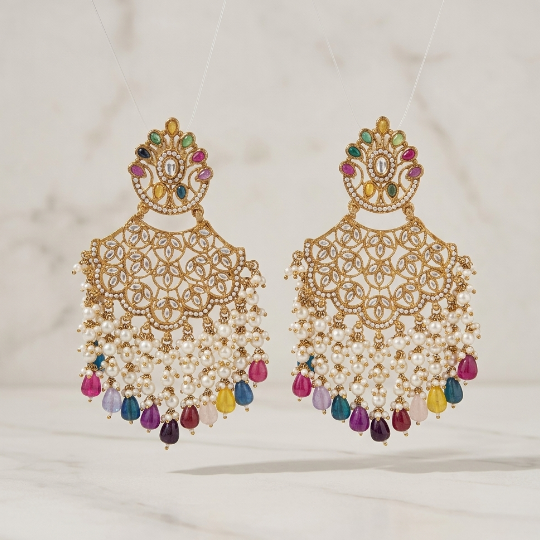 Multicolor Stone Chandbali Earrings with Pearl Droplets
