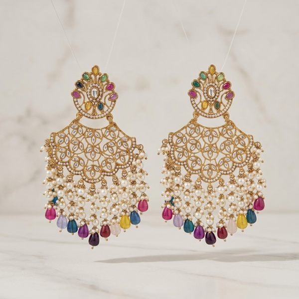 Multicolor Stone Chandbali Earrings with Pearl Droplets