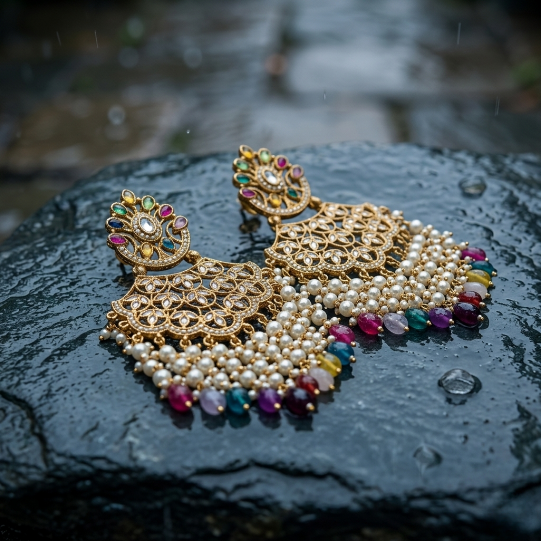Multicolor Stone Chandbali Earrings with Pearl Droplets