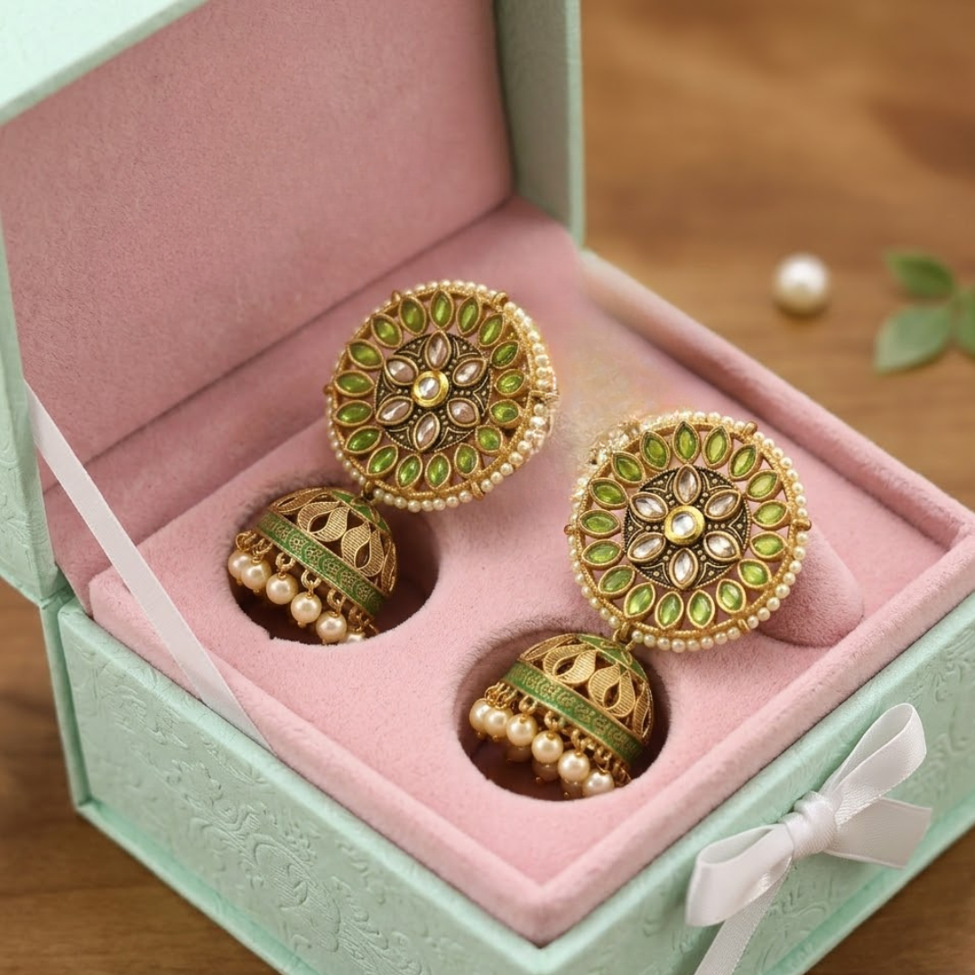 Lime Green & Gold Meenakari Jhumkas