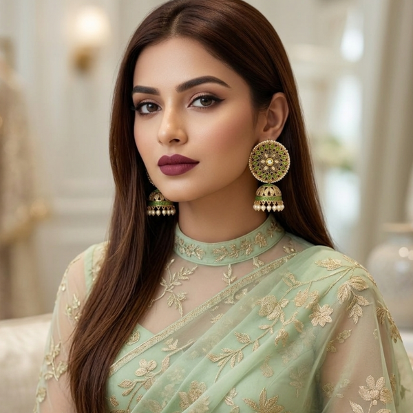 Lime Green & Gold Meenakari Jhumkas