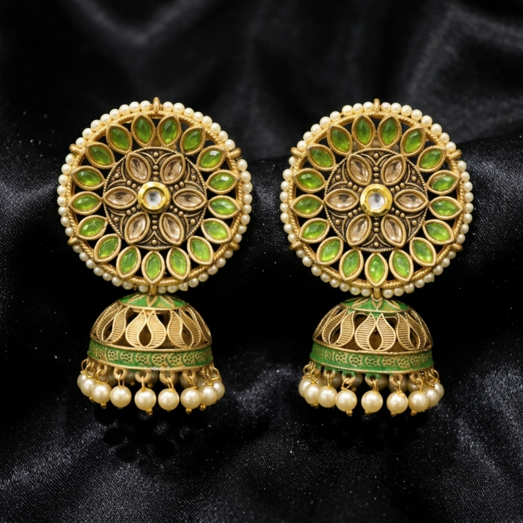 Lime Green & Gold Meenakari Jhumkas
