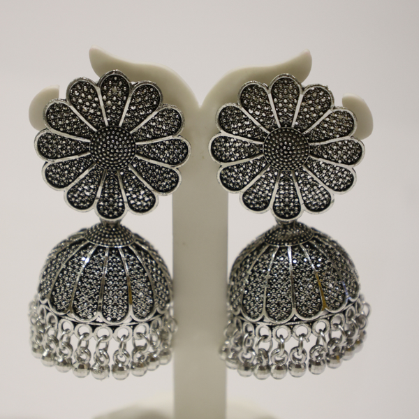 Oxidized Silver-Toned Floral Mandala Jhumkas