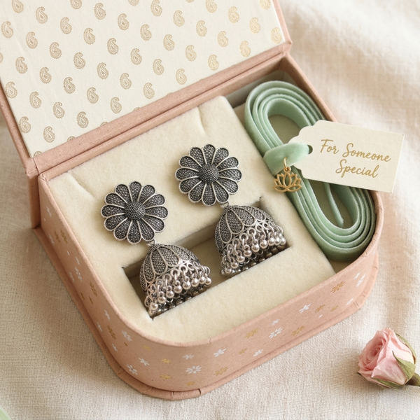 Oxidized Silver-Toned Floral Mandala Jhumkas