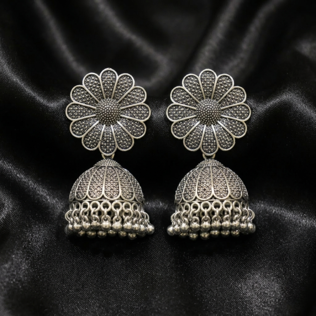 Oxidized Silver-Toned Floral Mandala Jhumkas
