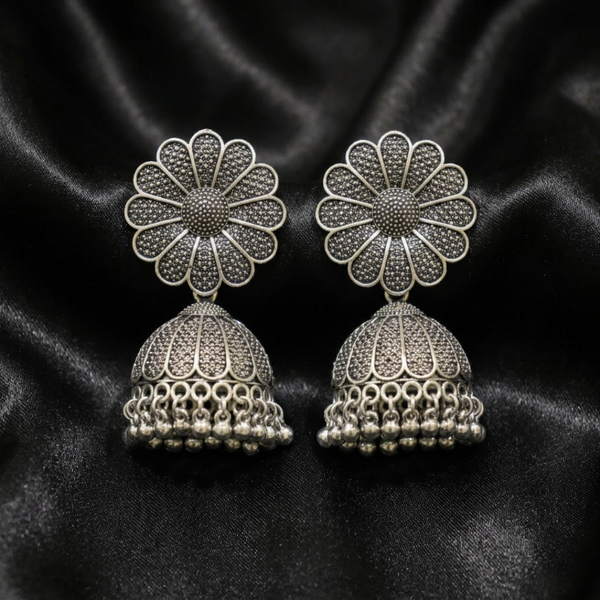 Oxidized Silver-Toned Floral Mandala Jhumkas