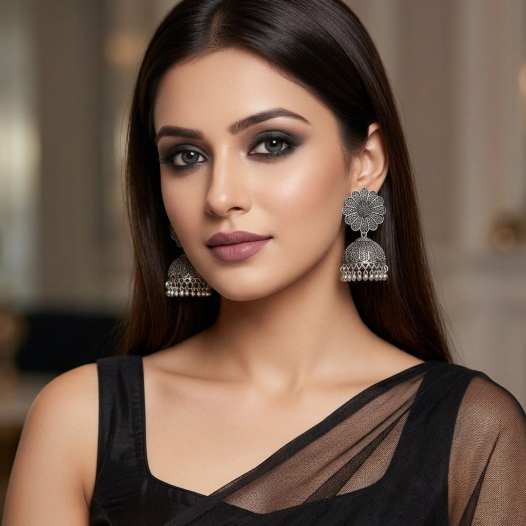 Oxidized Silver-Toned Floral Mandala Jhumkas
