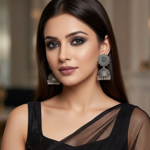 Oxidized Silver-Toned Floral Mandala Jhumkas