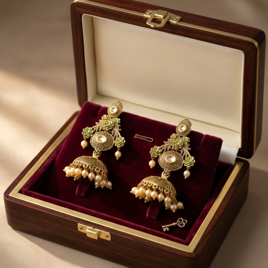 Antique Gold & Moss Green Meenakari Jhumkas