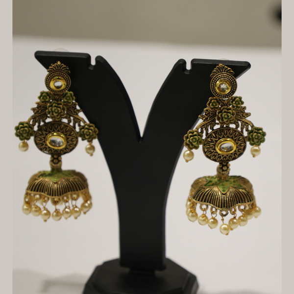 Antique Gold & Moss Green Meenakari Jhumkas