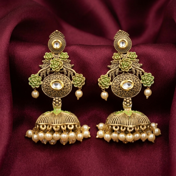 Antique Gold & Moss Green Meenakari Jhumkas