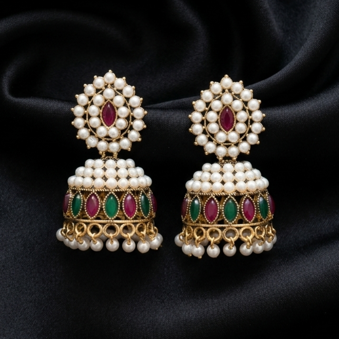 Royal Pearl-Encrusted Ruby & Emerald Jhumkas
