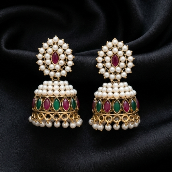 Royal Pearl-Encrusted Ruby & Emerald Jhumkas