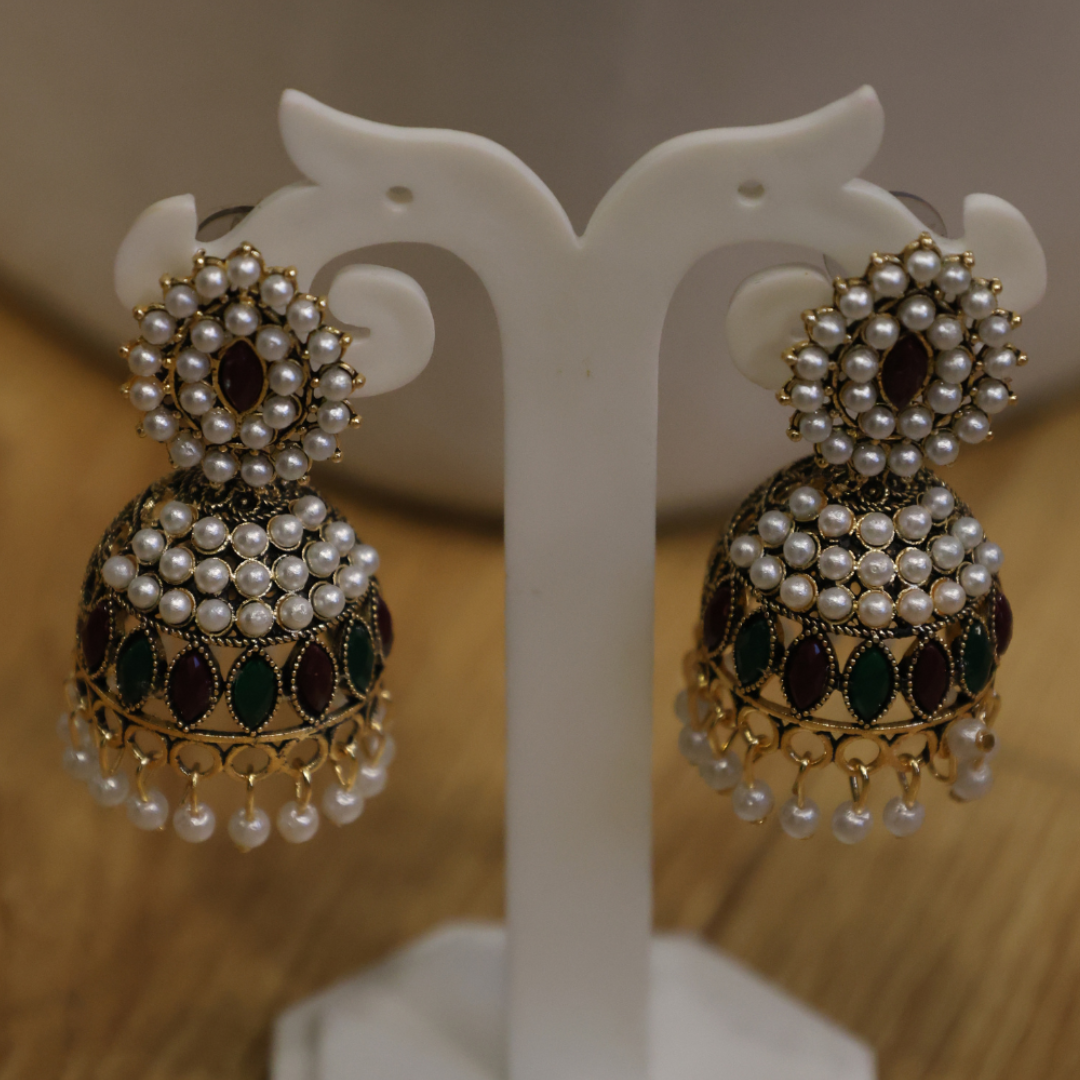 Royal Pearl-Encrusted Ruby & Emerald Jhumkas