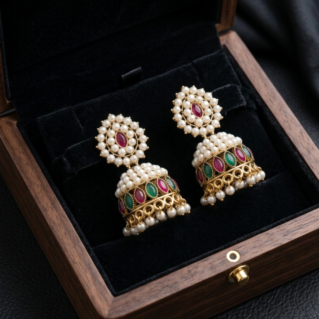 Royal Pearl-Encrusted Ruby & Emerald Jhumkas