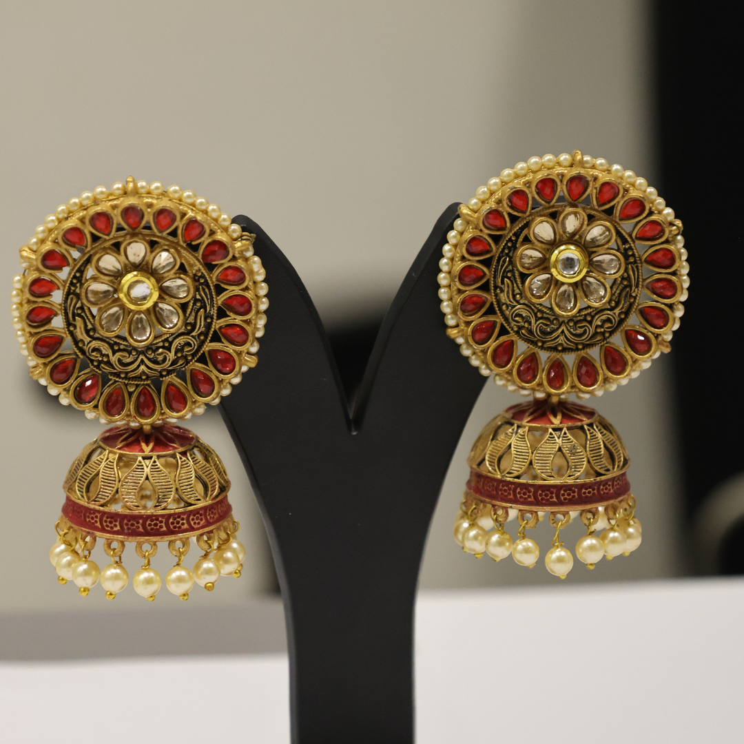 Antique Gold-Plated Ruby & Pearl Jhumka Earrings