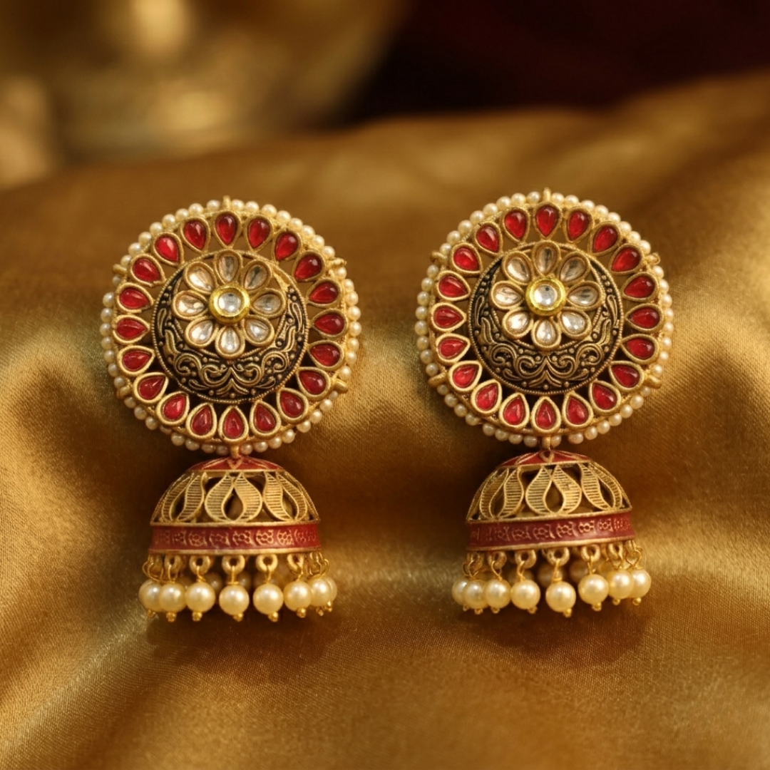 Antique Gold-Plated Ruby & Pearl Jhumka Earrings