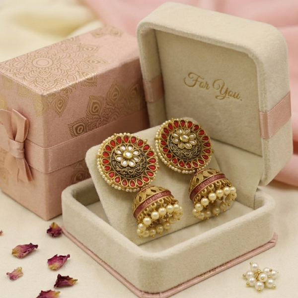 Antique Gold-Plated Ruby & Pearl Jhumka Earrings