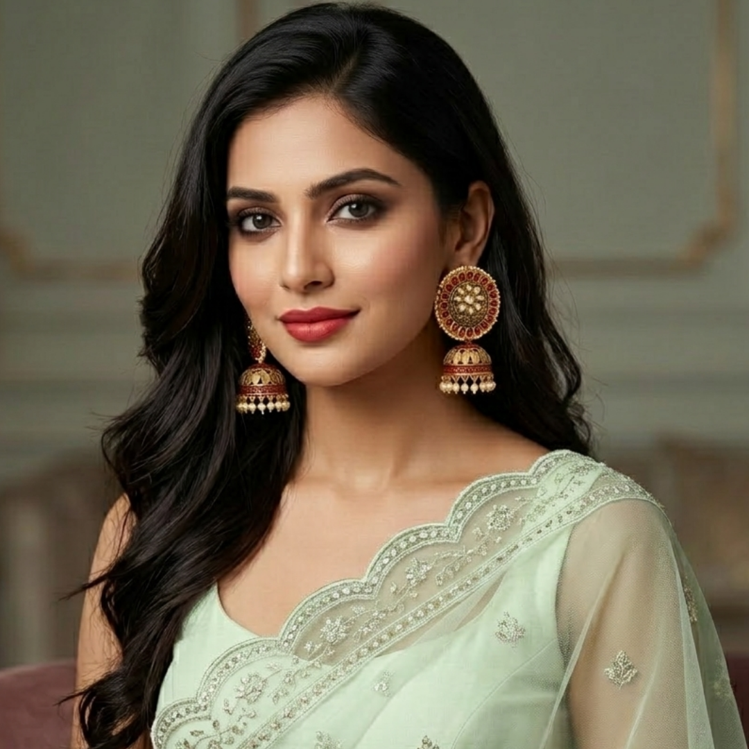 Antique Gold-Plated Ruby & Pearl Jhumka Earrings