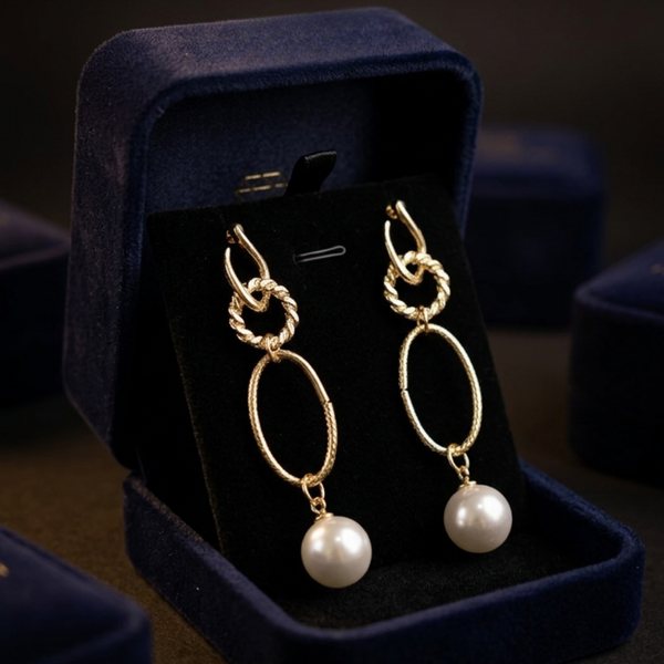 Textured Gold Link & Pearl Drop Earrings