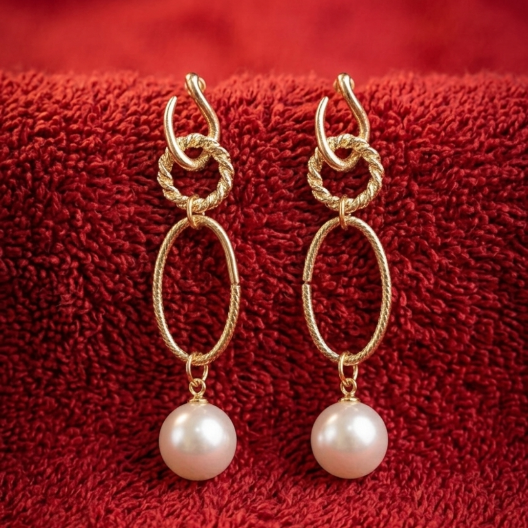 Textured Gold Link & Pearl Drop Earrings