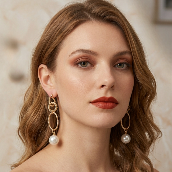Textured Gold Link & Pearl Drop Earrings