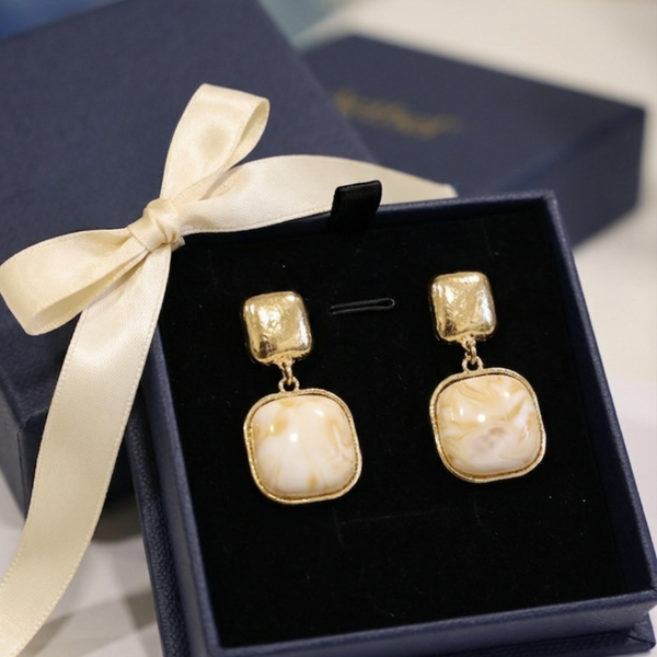 Vintage Marbled Stone Square Drop Earrings