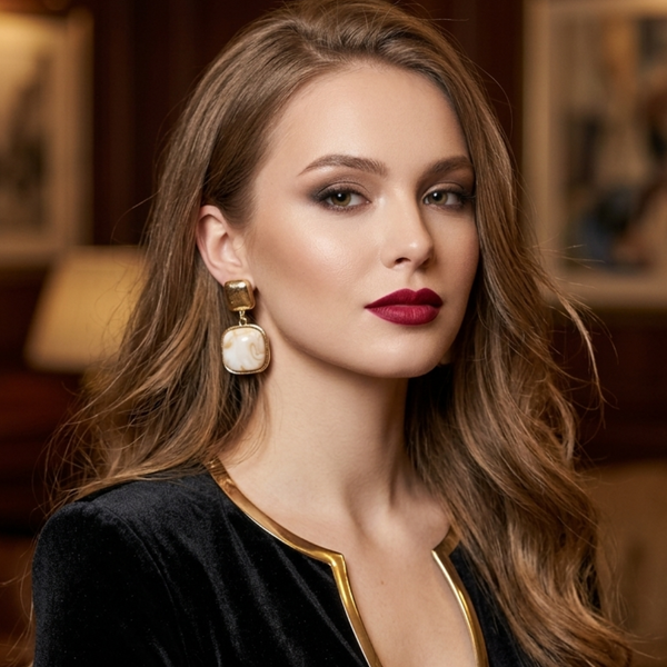 Vintage Marbled Stone Square Drop Earrings