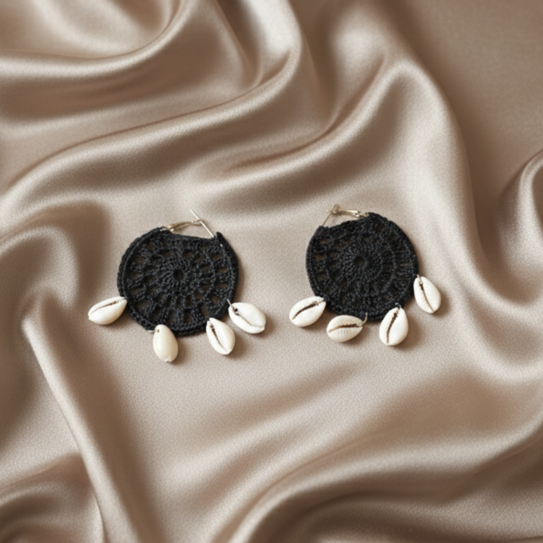 Midnight Bloom Cowrie Shell Crochet Earrings