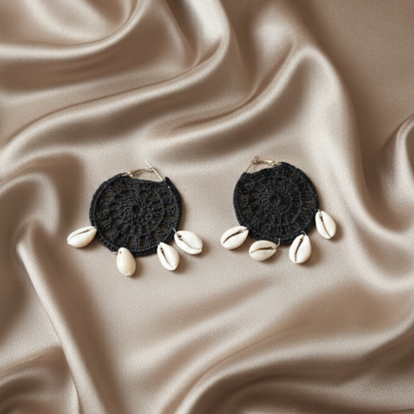 Midnight Bloom Cowrie Shell Crochet Earrings