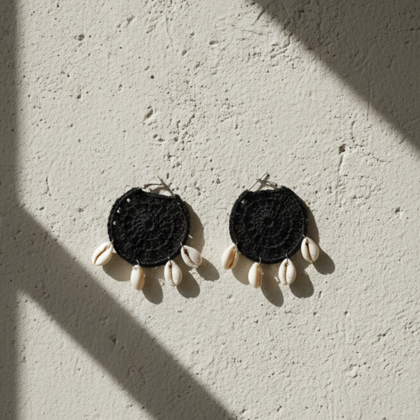Midnight Bloom Cowrie Shell Crochet Earrings