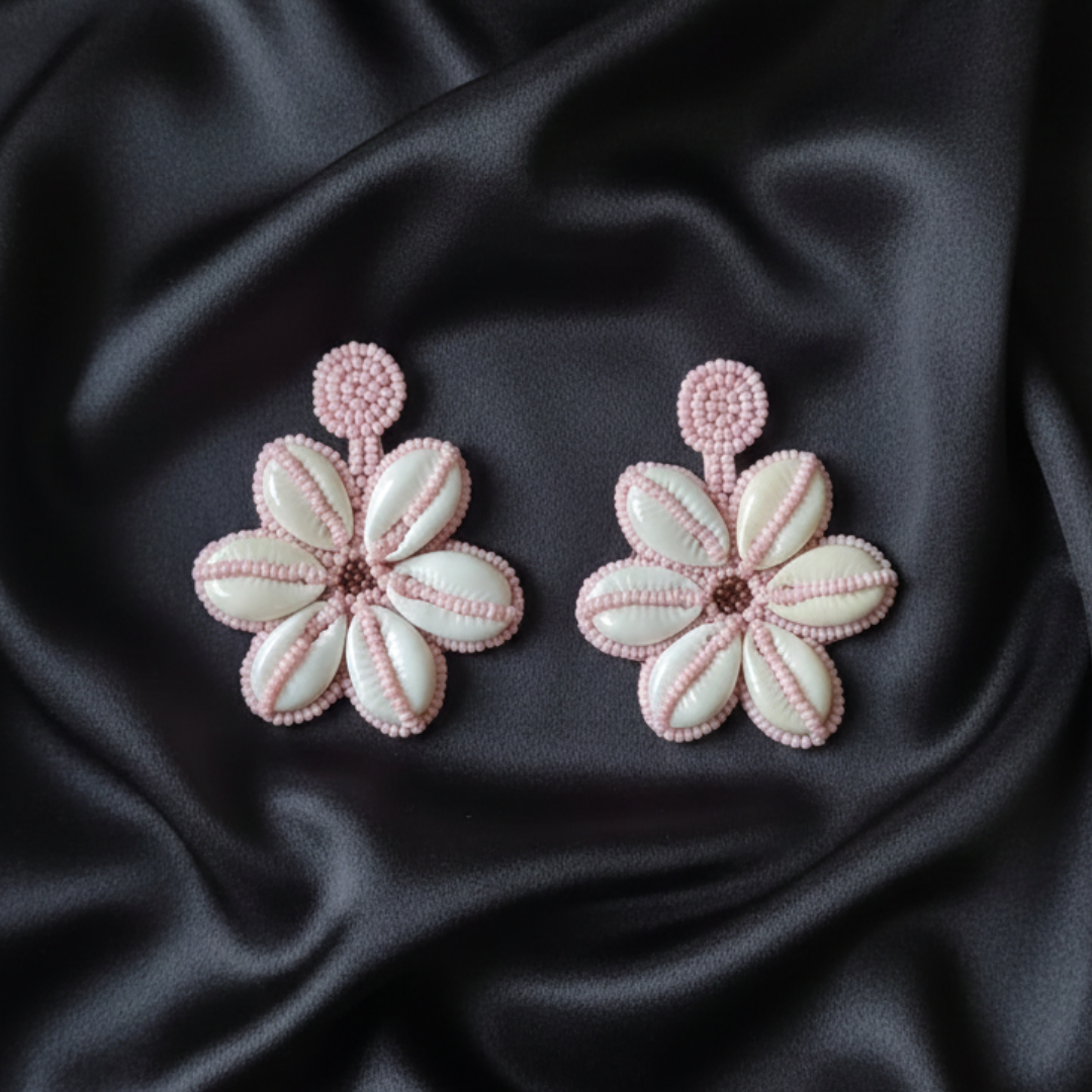 Pink Blossom Cowrie Shell Beaded Earrings