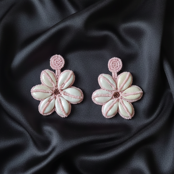 Pink Blossom Cowrie Shell Beaded Earrings