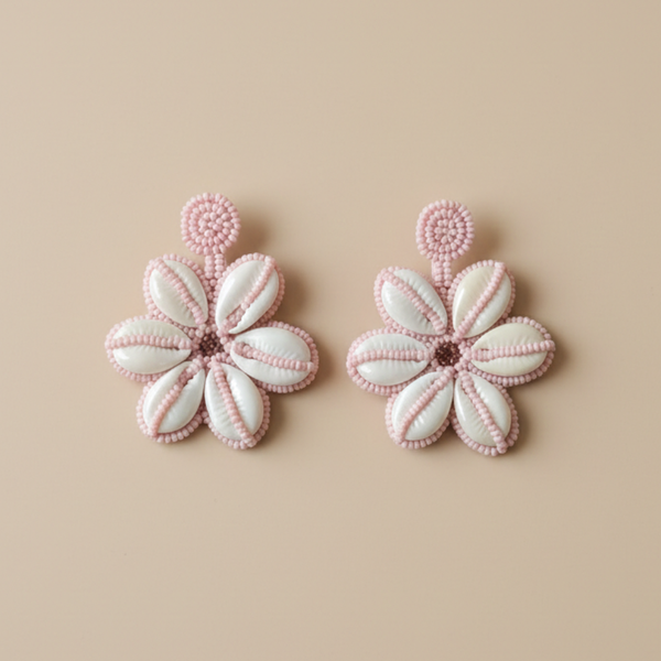 Pink Blossom Cowrie Shell Beaded Earrings