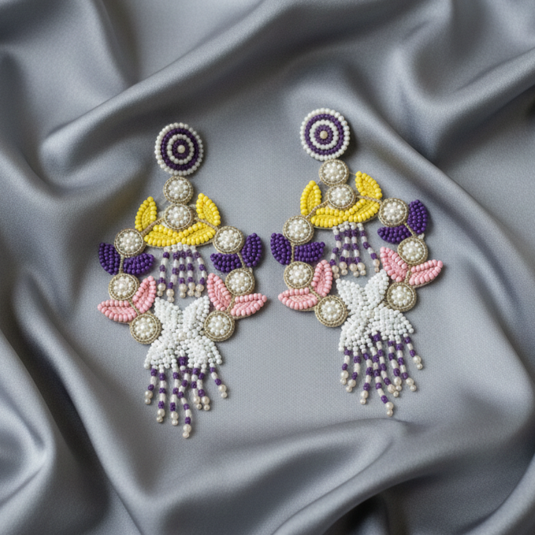Royal Bloom Handcrafted Beaded Statement Earrings – Multicolor Floral Design