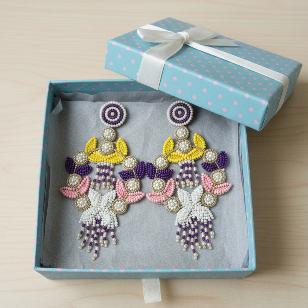 Royal Bloom Handcrafted Beaded Statement Earrings – Multicolor Floral Design