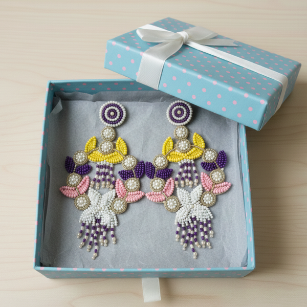 Royal Bloom Handcrafted Beaded Statement Earrings – Multicolor Floral Design