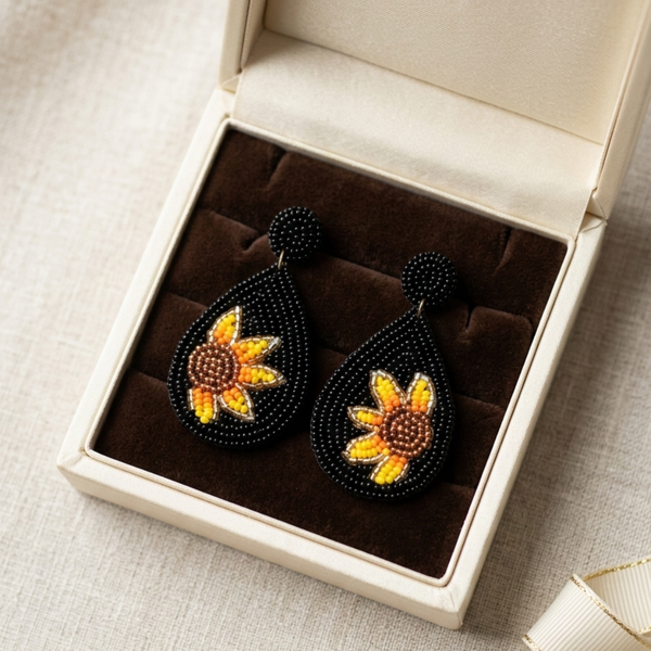Midnight Sunflower Beaded Teardrops