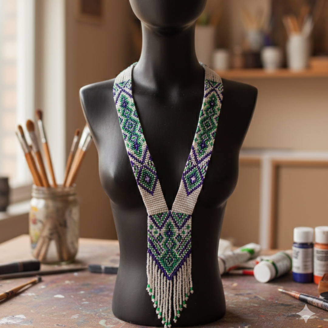 Green & Purple Geometric Beaded Necklace
