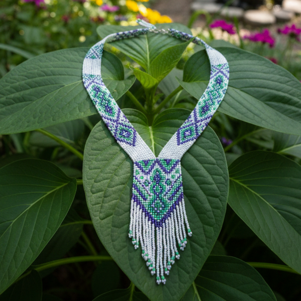 Green & Purple Geometric Beaded Necklace