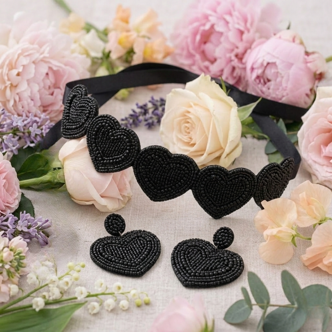 The Noir Amore Beaded Heart Set