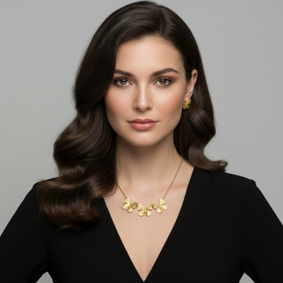 Anti-Tarnish Imitation Gold Butterfly Necklace, Bracelet & Earrings Set