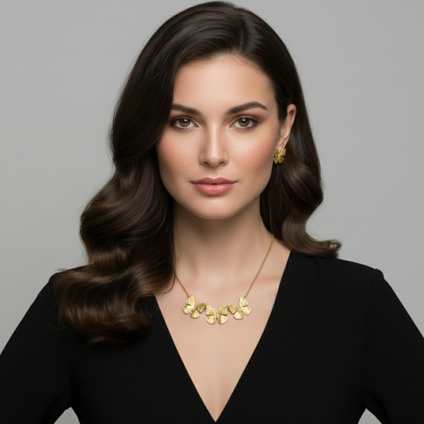 Anti-Tarnish Imitation Gold Butterfly Necklace, Bracelet & Earrings Set