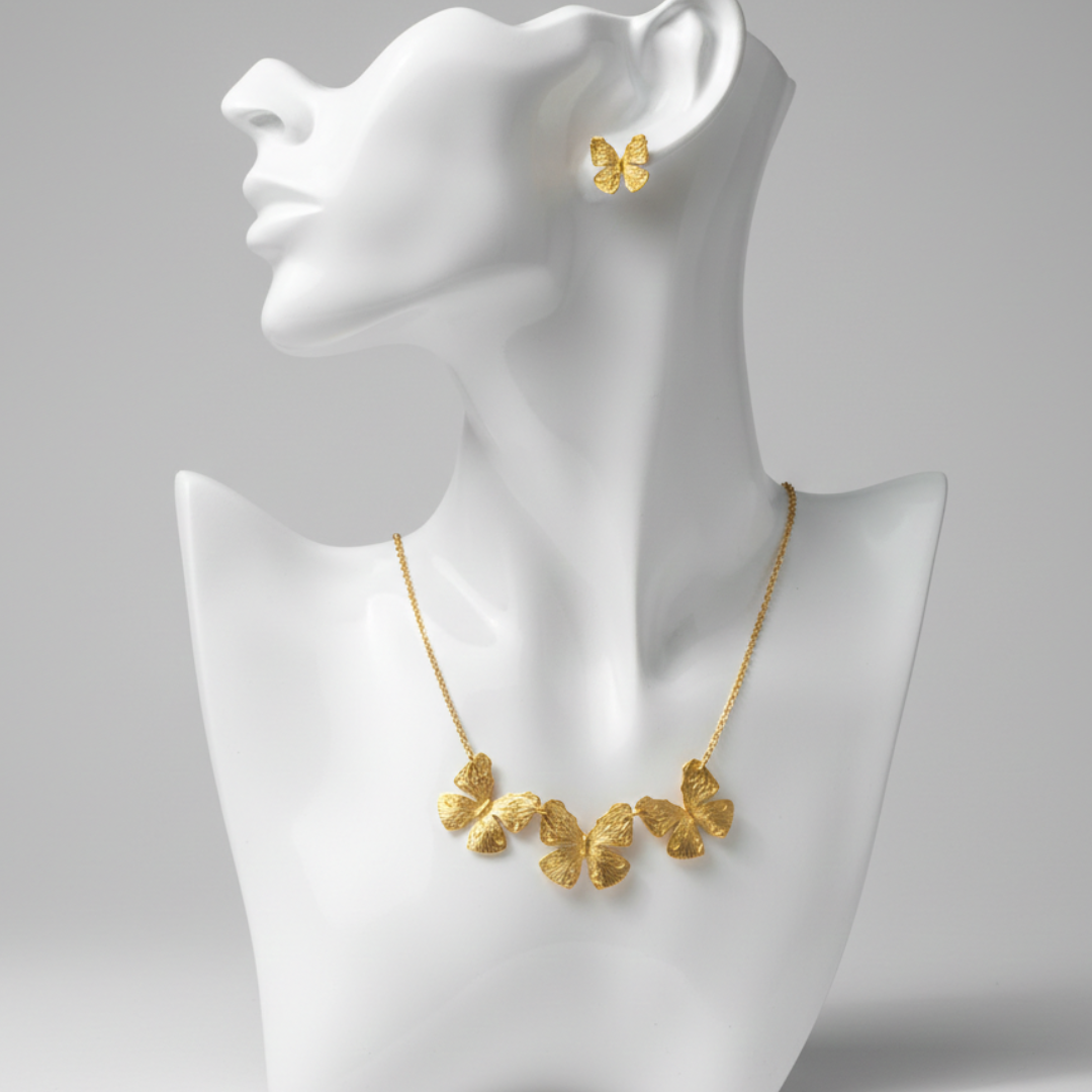 Anti-Tarnish Imitation Gold Butterfly Necklace, Bracelet & Earrings Set