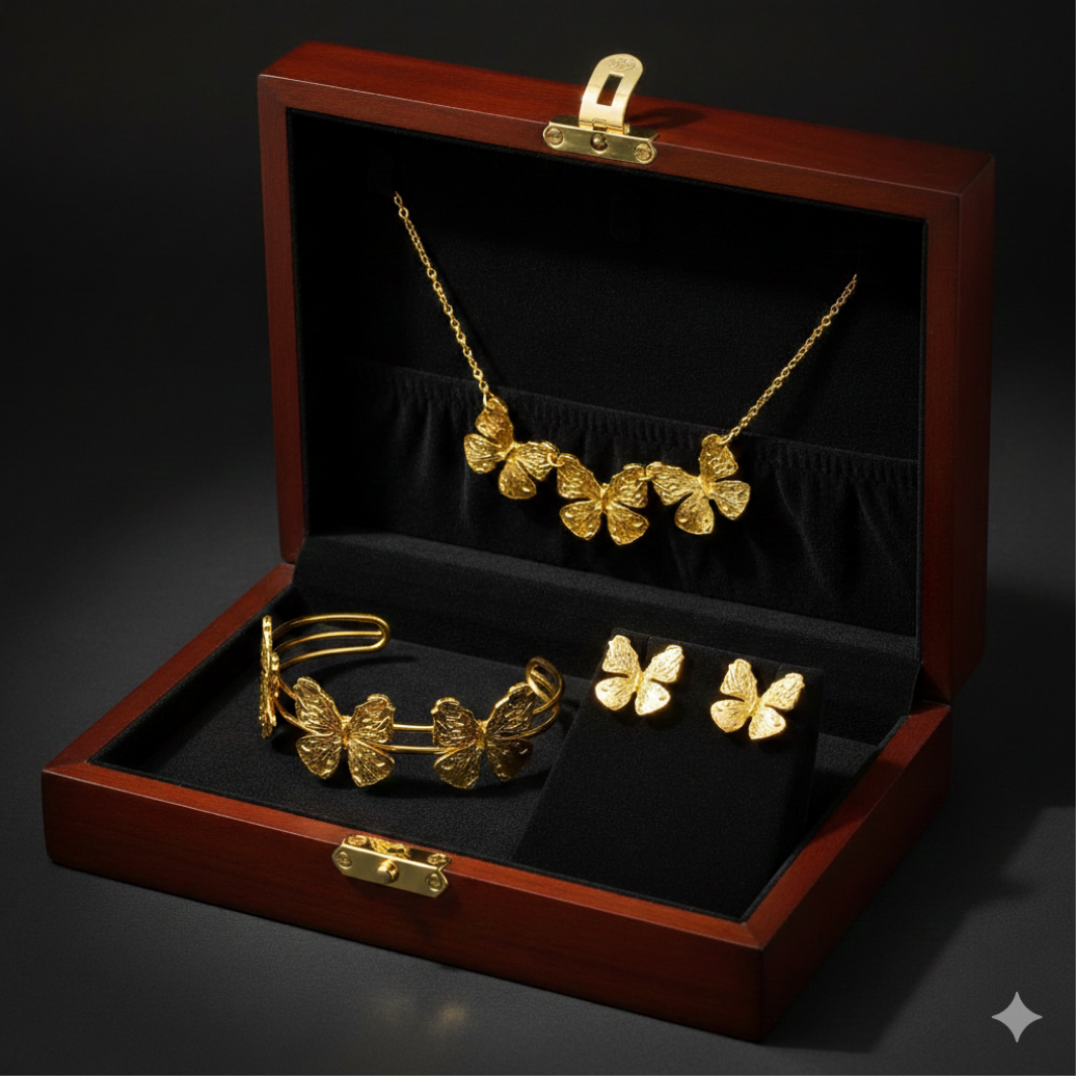 Anti-Tarnish Imitation Gold Butterfly Necklace, Bracelet & Earrings Set