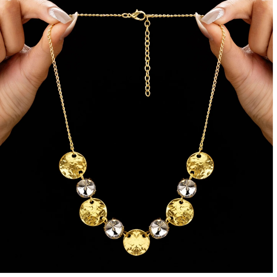 Golden Disc & Crystal Necklace Set -JN109